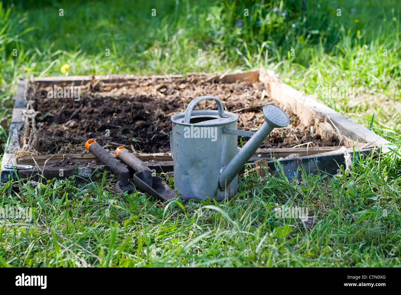 Old watering can and garden instruments Stock Photo