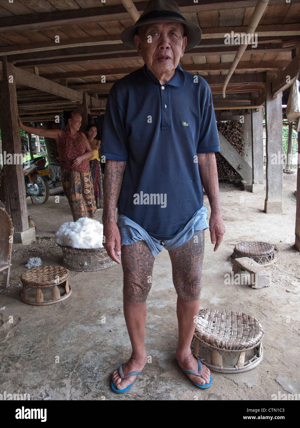 Tai Lu 'trouser' tattoos in Northern Laos. The Sak Yan (protection tattoos) tradition in Laos is much diminished. Stock Photo