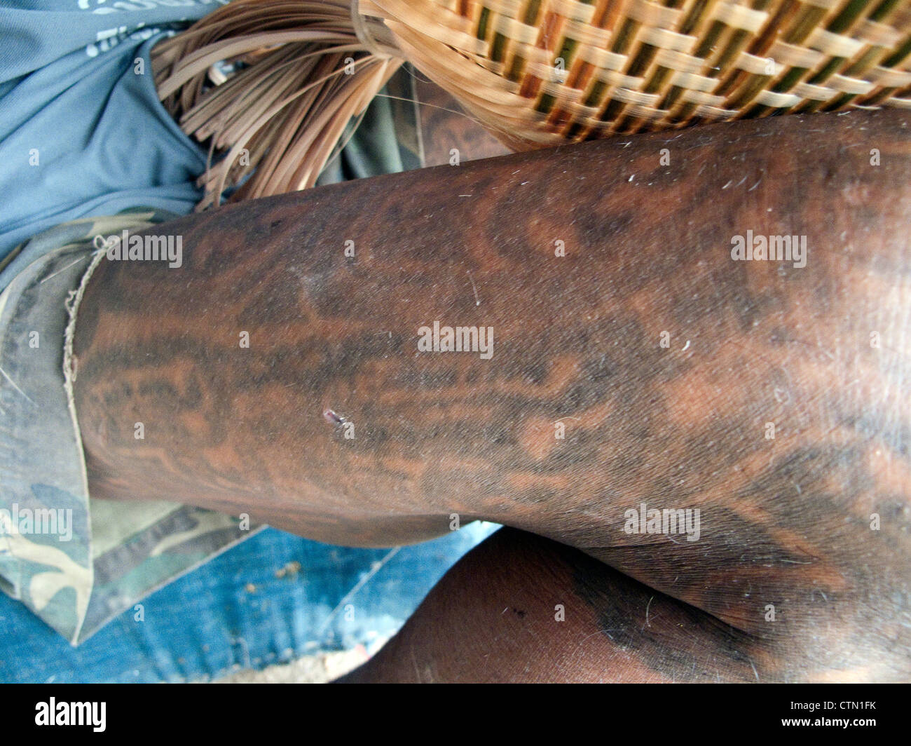 Tai Lu 'trouser' tattoos in Northern Laos. The Sak Yan (protection tattoos) tradition in Laos is much diminished. Stock Photo