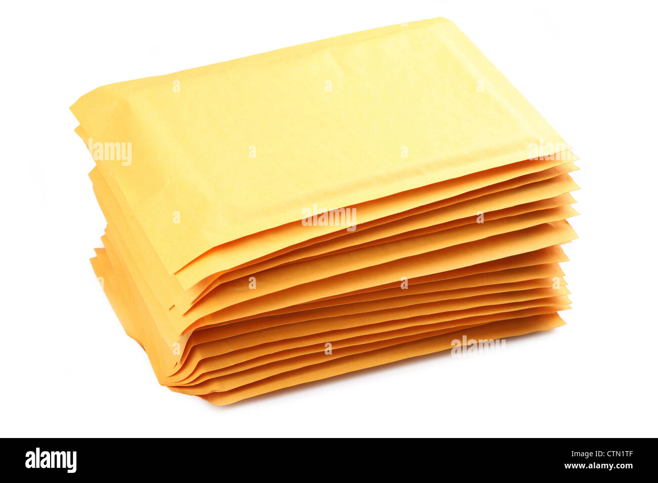 A stack of bubble padded envelopes on a white background.. Stock Photo