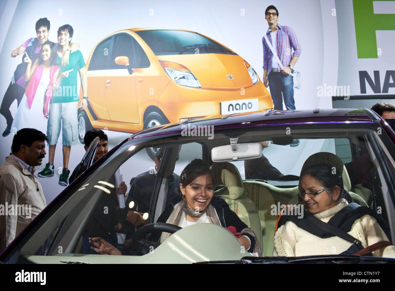 Tata Nano at Delhi Auto Expo 2012 at Pragati Maidan in New Delhi, India. Stock Photo