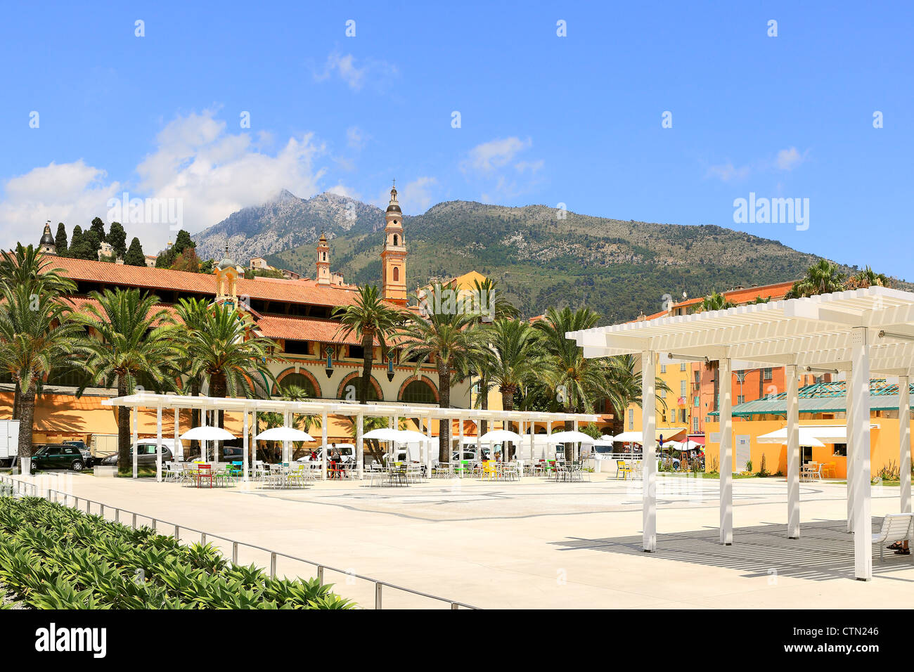 View on central plaza and old town of Menton on French Riviera in France. Stock Photo