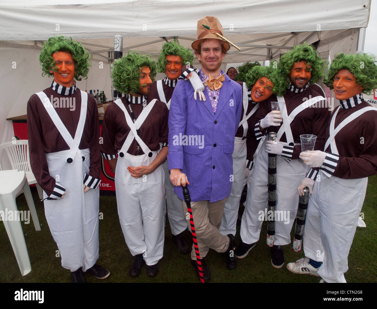 A stag party in Brighton for the weekend,dressed as Willy Wonka with the Oompa-Loompas. Stock Photo