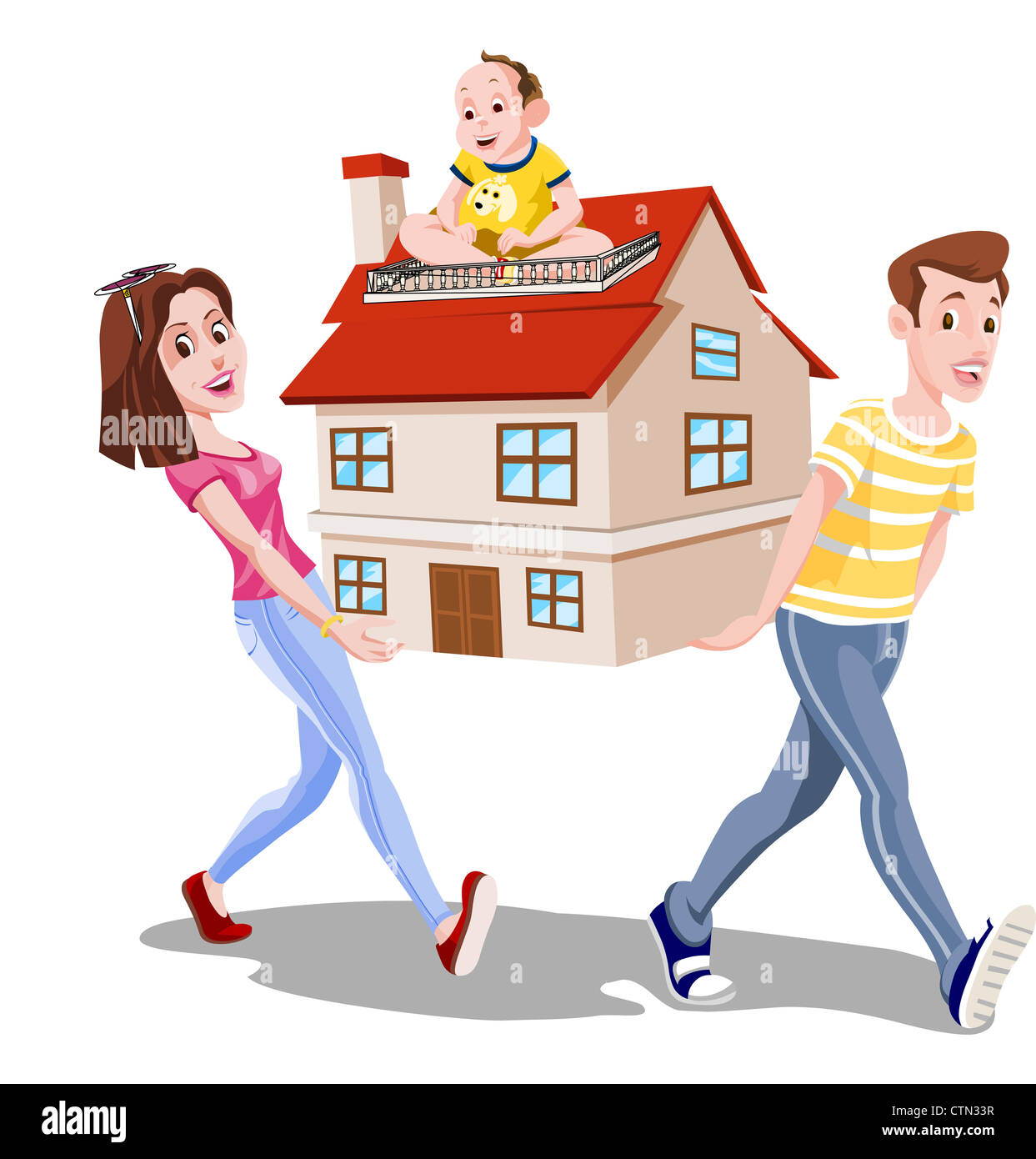 Family Carrying a House, Mom, Dad, Baby, vector illustration Stock Photo