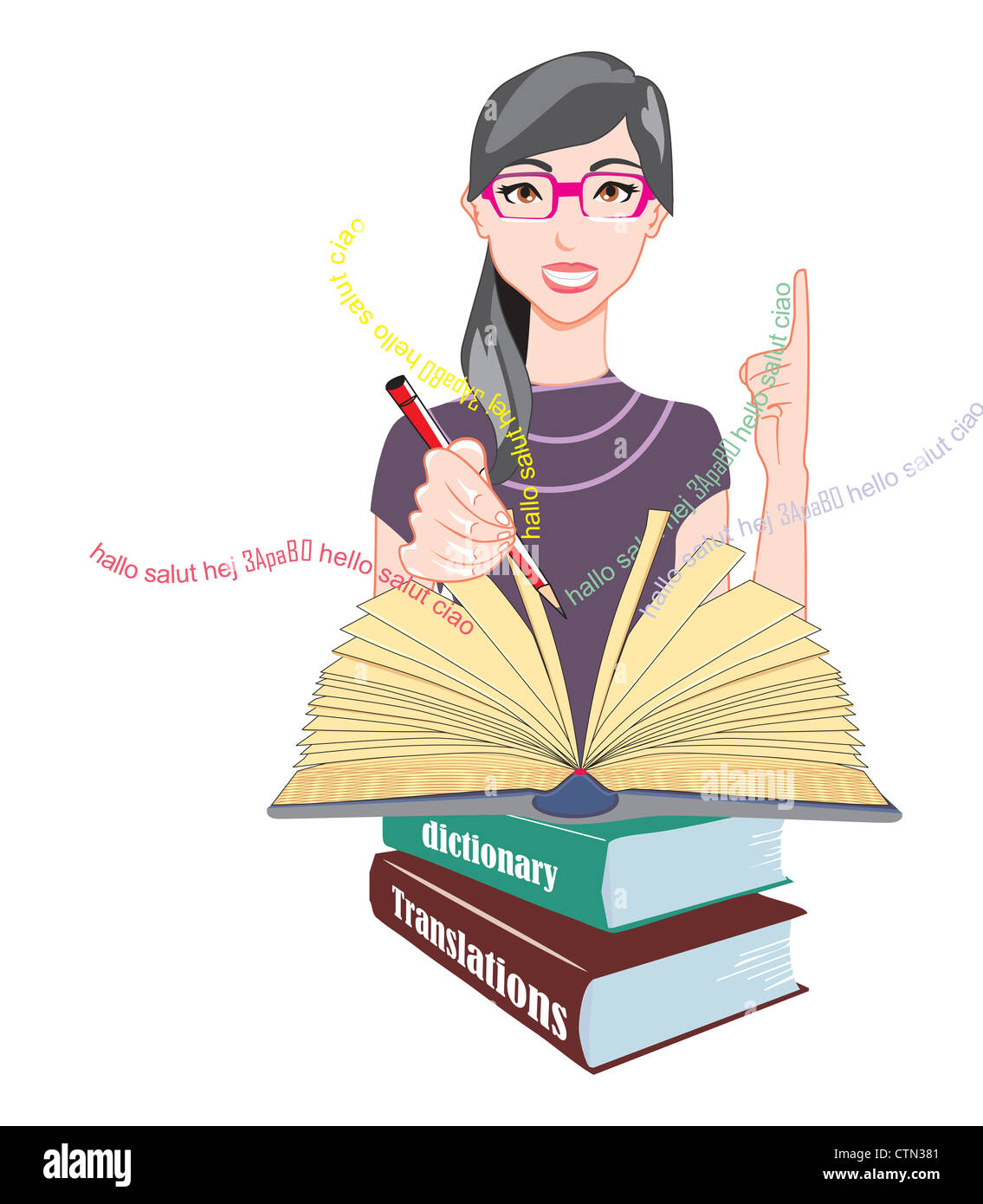 Word Meanings and Translations, Girl with Glasses with Reference Books, Holding a Red Pencil, vector illustration Stock Photo
