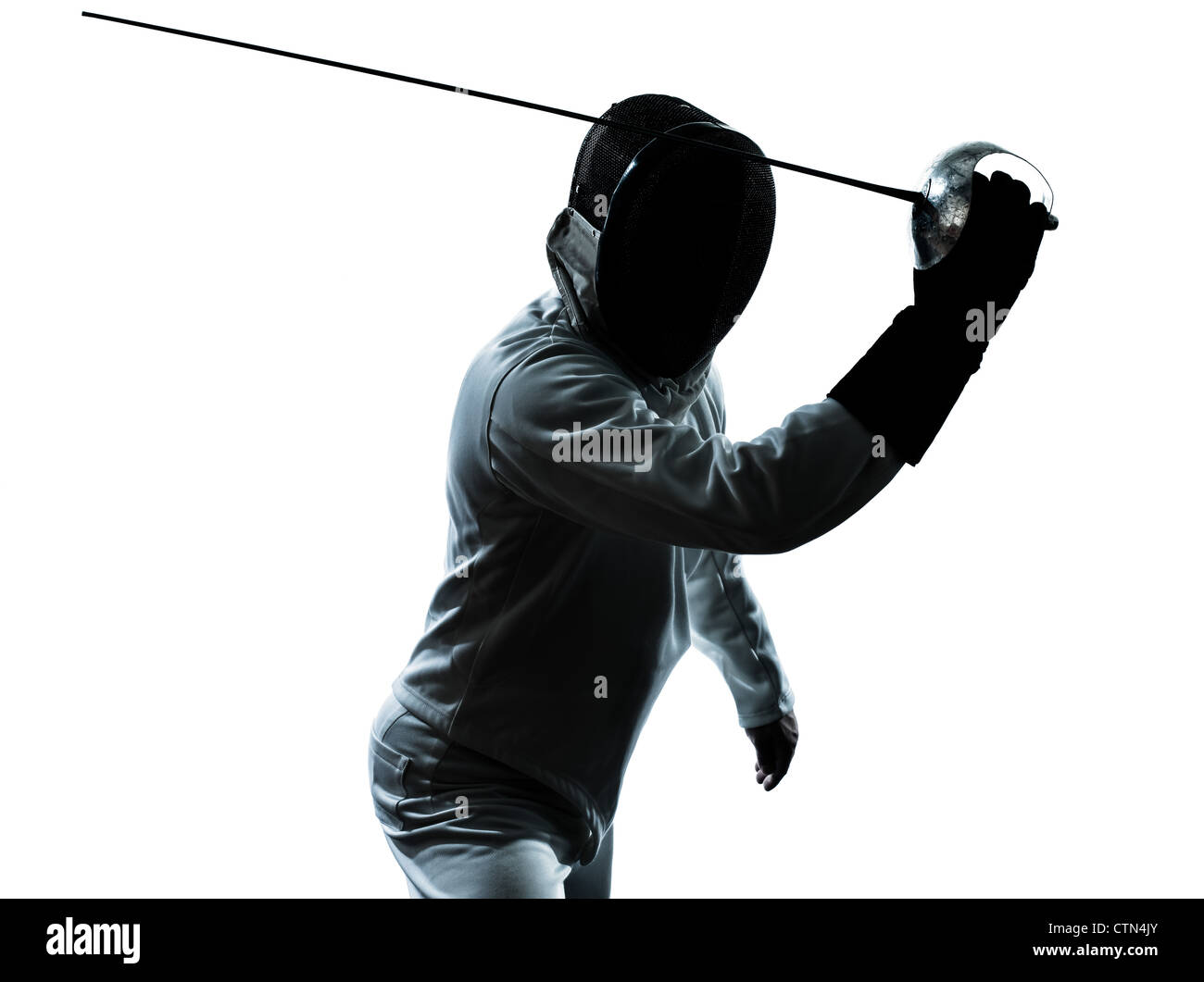 one man fencing silhouette in studio isolated on white background Stock