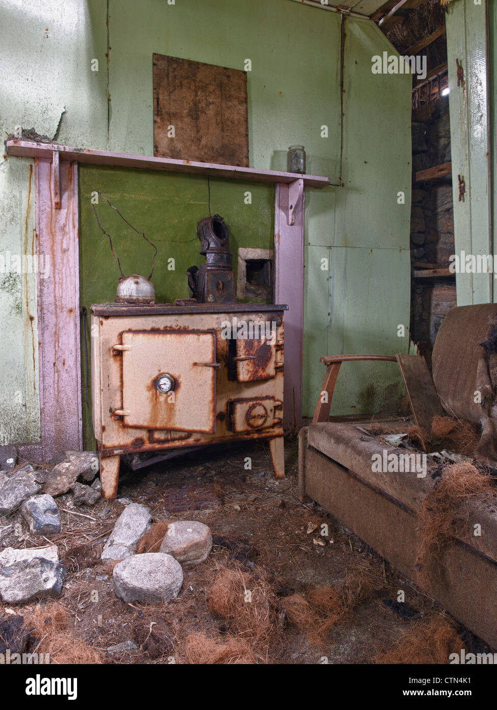 Living Room of an Abandoned Croft House on Berneray, Scotland Stock Photo