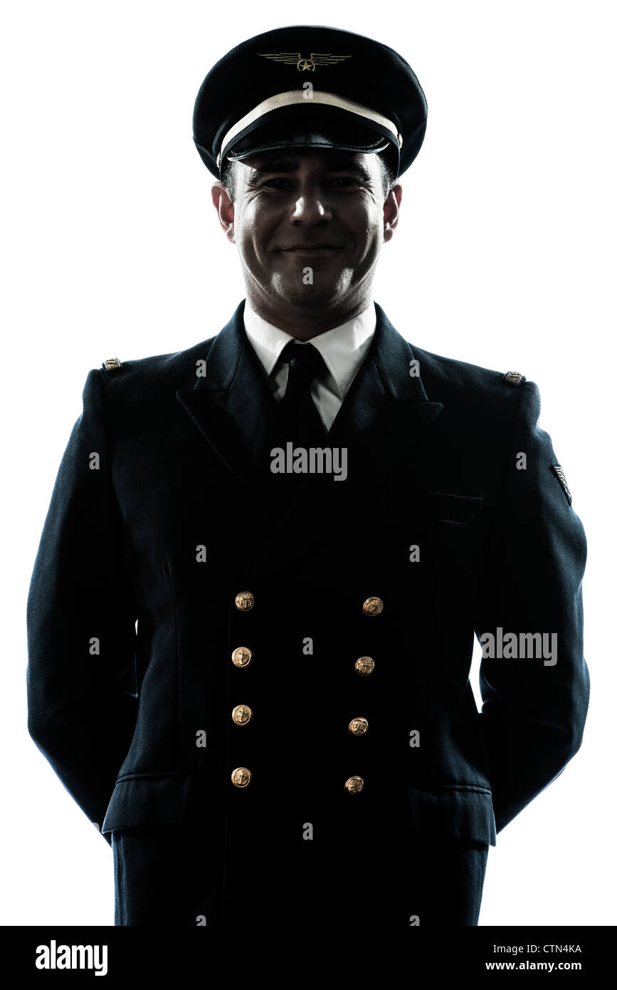 one caucasian man in airline pilot uniform in studio isolated on white