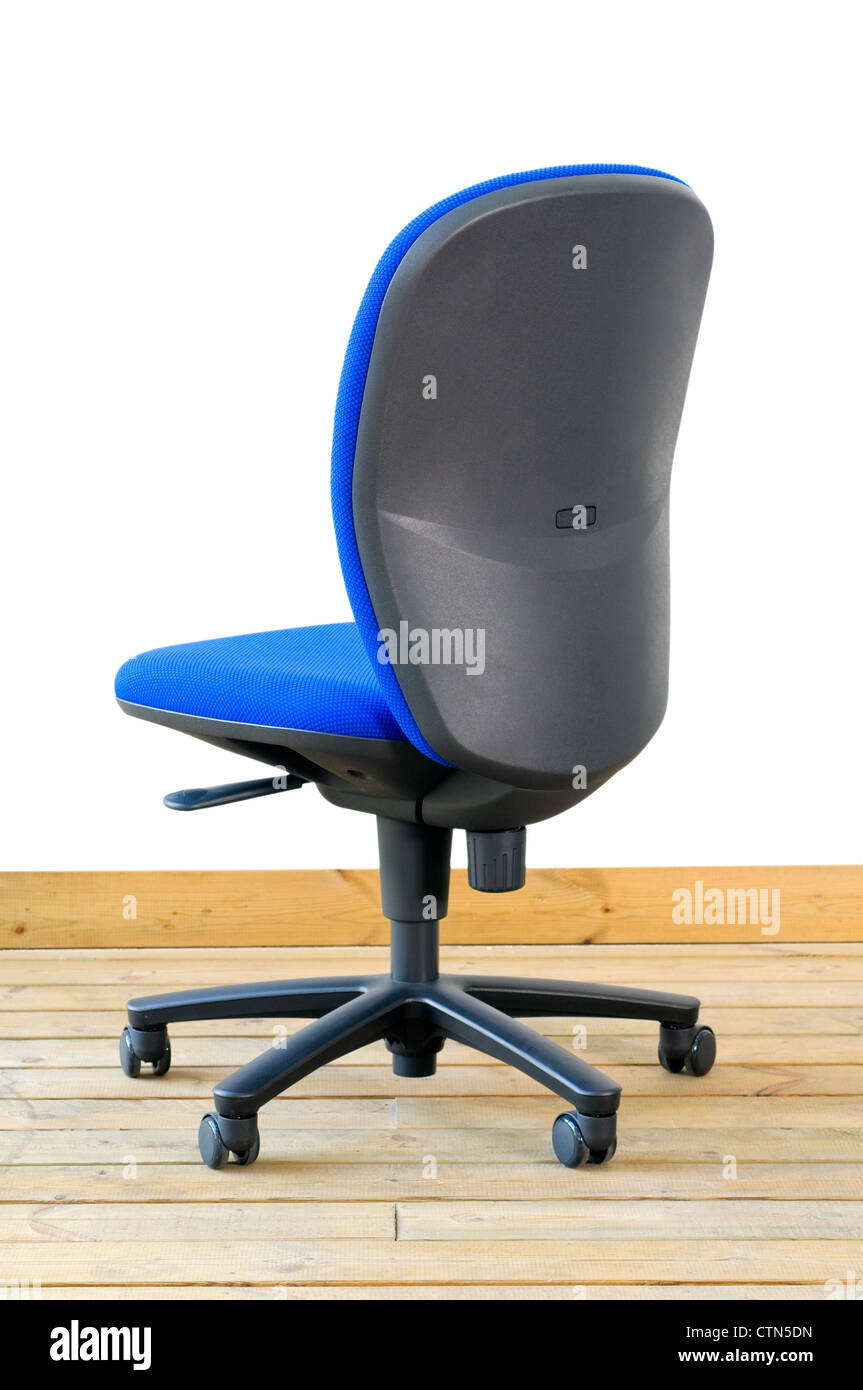 modern blue office chair on wood floor over white background Stock