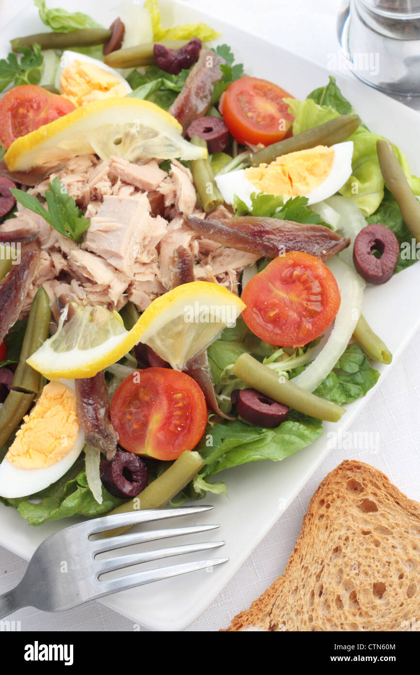 Fresh and traditional Salade Nicoise or Nicoise salad of tuna