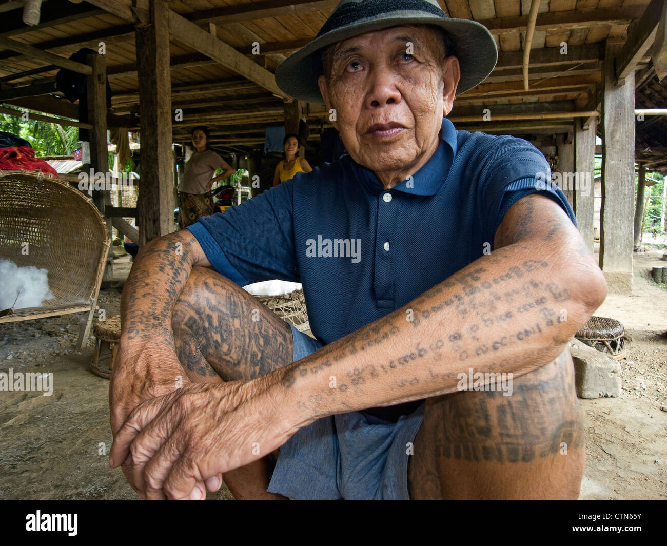 Tai Lu 'trouser' tattoos in Northern Laos. The Sak Yan (protection tattoos) tradition in Laos is much diminished. Stock Photo