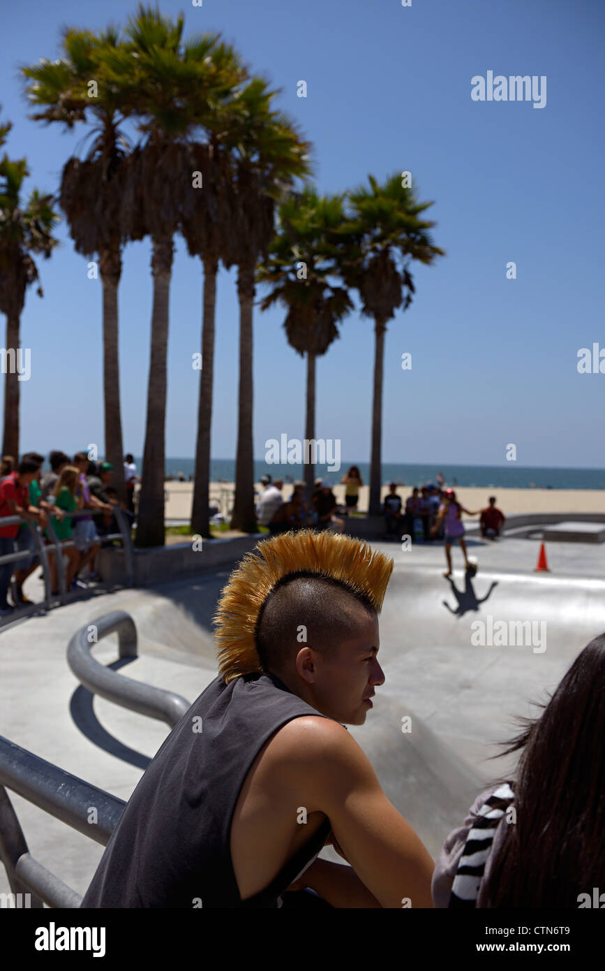 man with mohican skate park venice beach Stock Photo