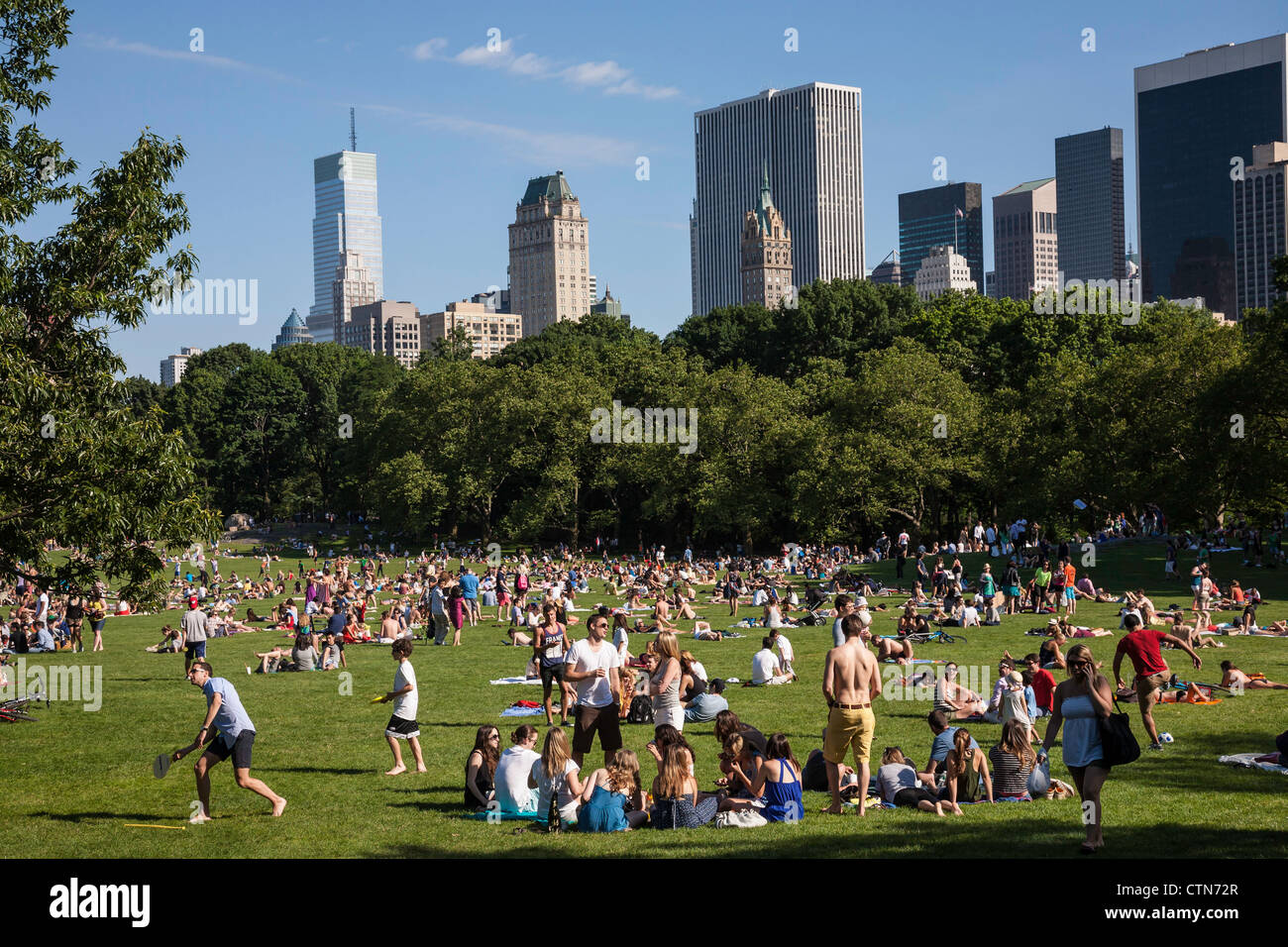 Sheep Meadow with Skyline in background, Central Park, NYC Stock Photo ...