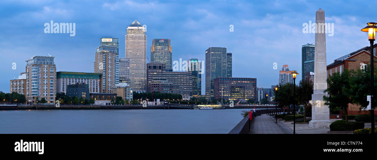 Canary Wharf Financial District At Dusk, Viewed Across The River Thames, London, England Stock Photo