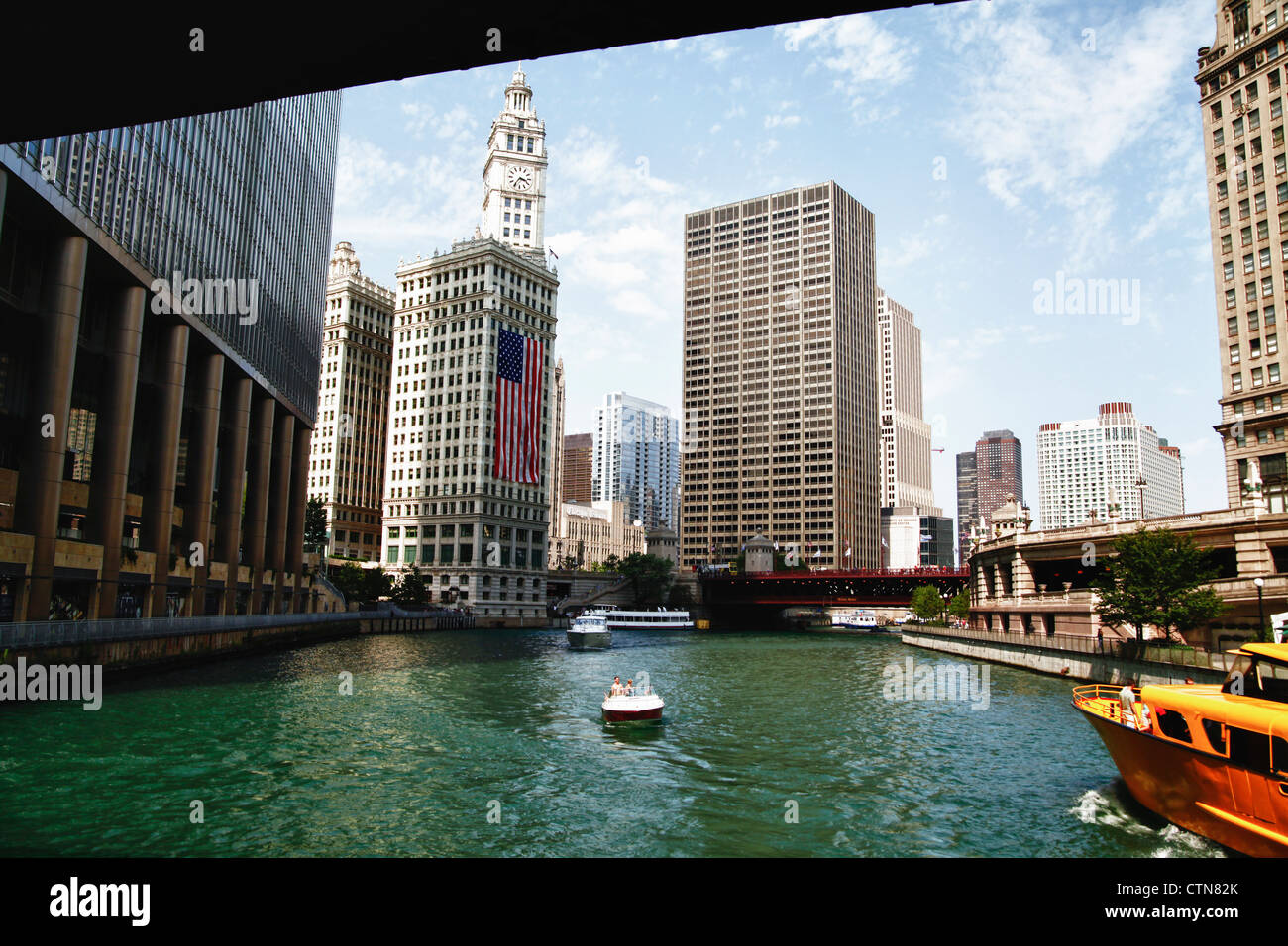 Chicago Skyline from a Sightseeing Boat on the Chicago River Stock ...