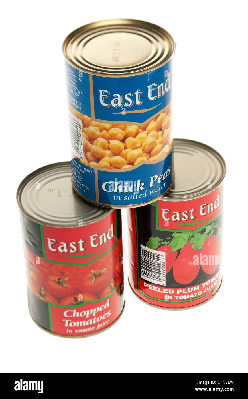 Three canned products from East End Stock Photo