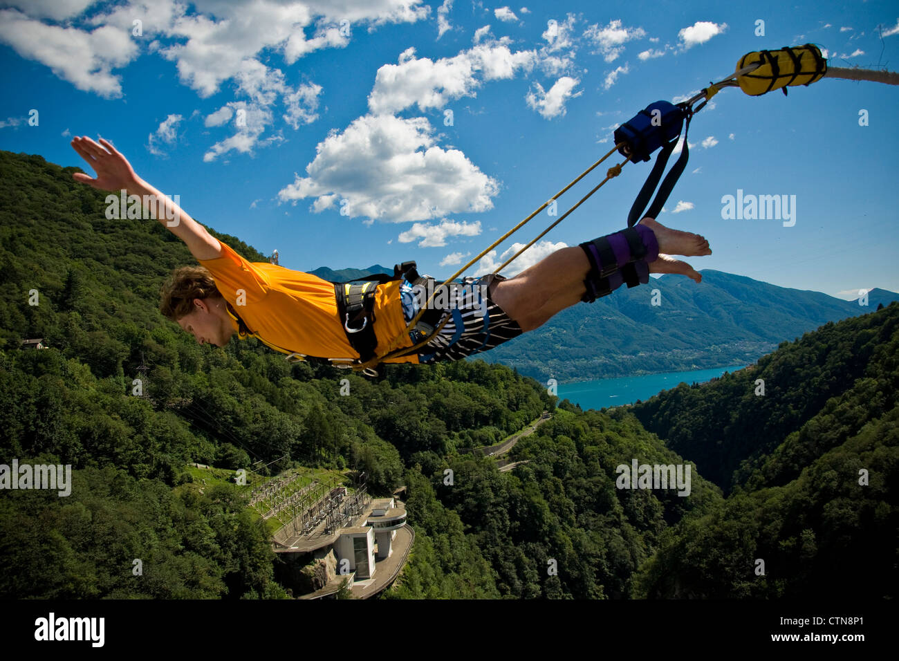 Switzerland, Canton Ticino, Verzasca dam, Bungee jumping Stock Photo
