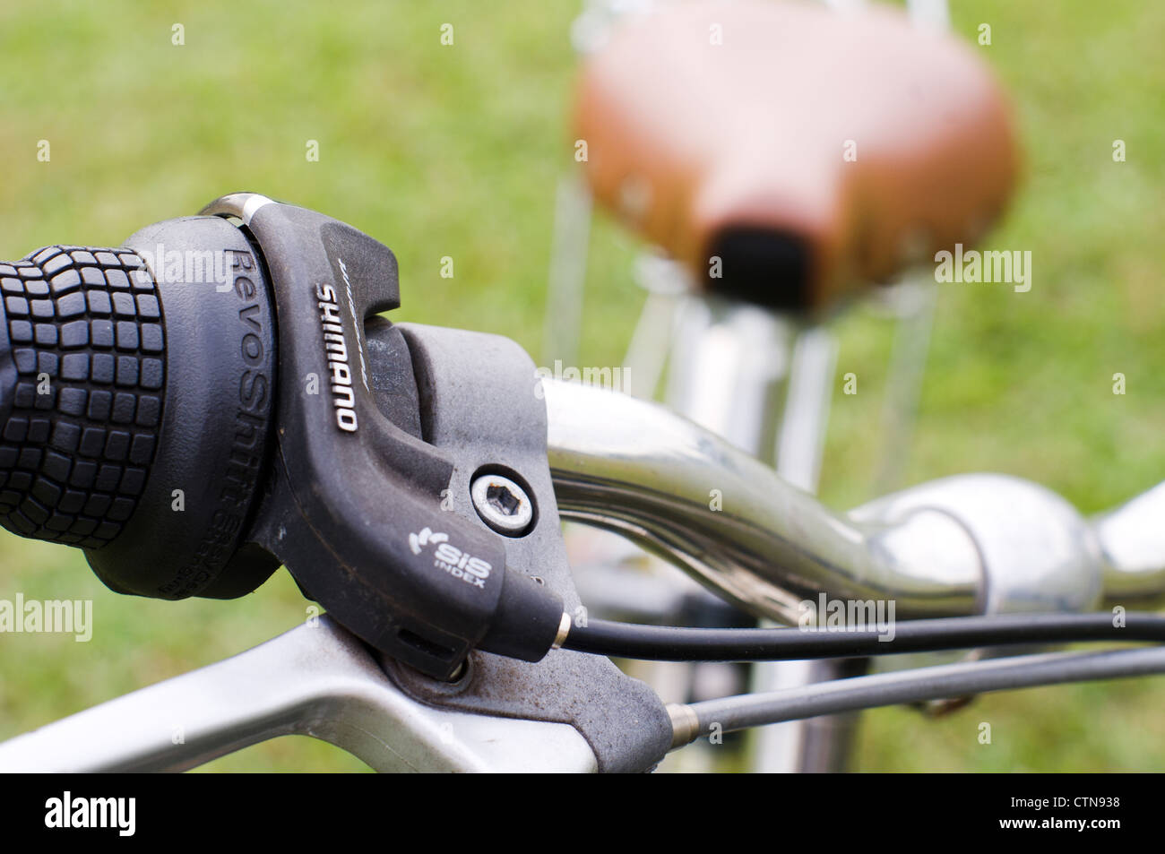 a view of shimano gear shift system of a bicycle Stock Photo