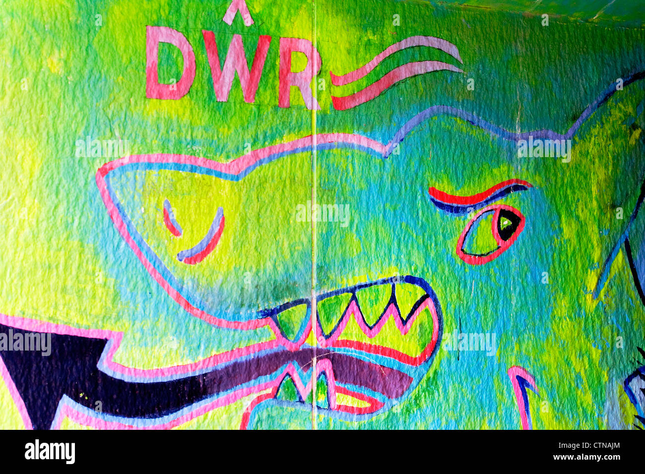 Wall graffiti depicting a Welsh water Dragon with the welsh word for water (Dwr) written above it. Stock Photo