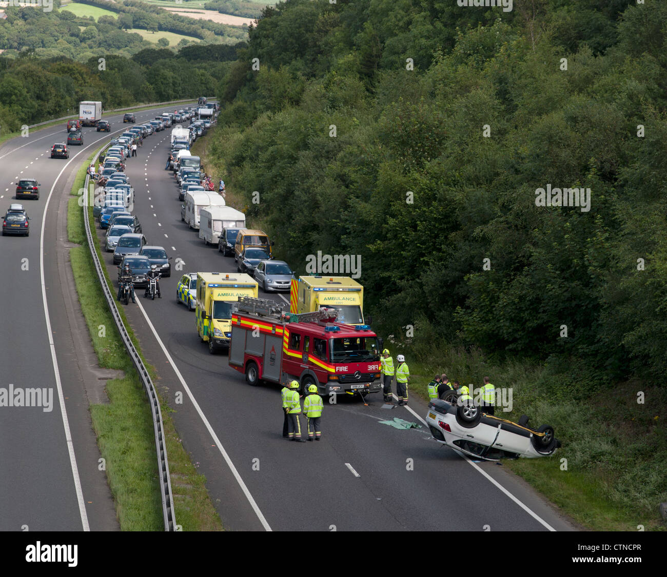 Accident scene on the A30 dual carriageway in Cornwall where a