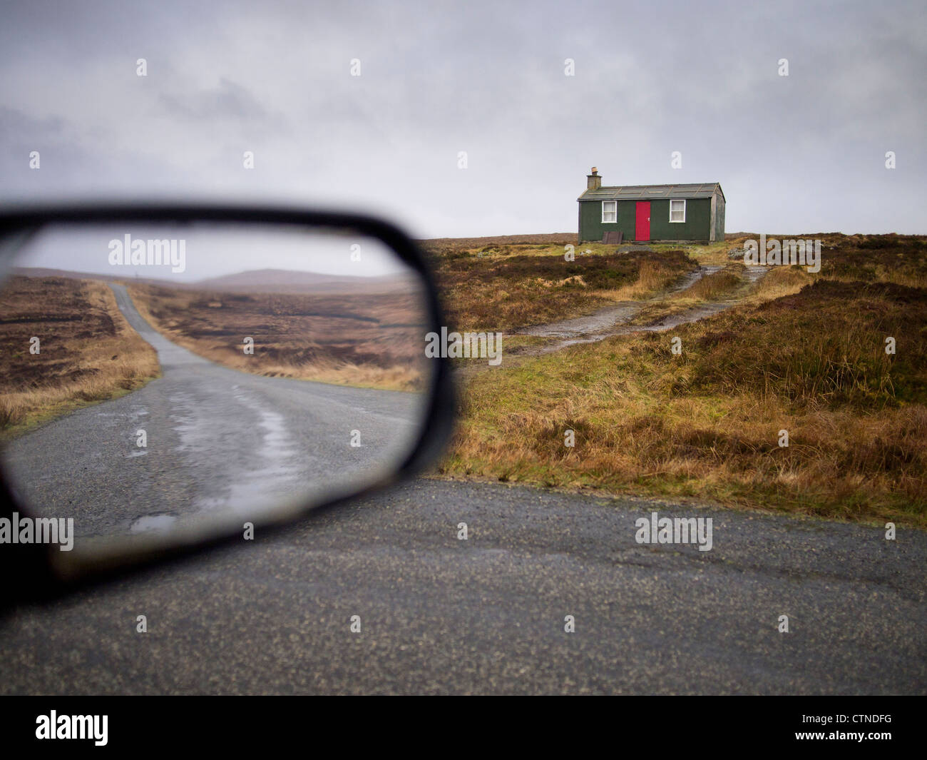 Pentland Road Reflected in Wing Mirror of Car, Isle of Lewis, Scotland Stock Photo