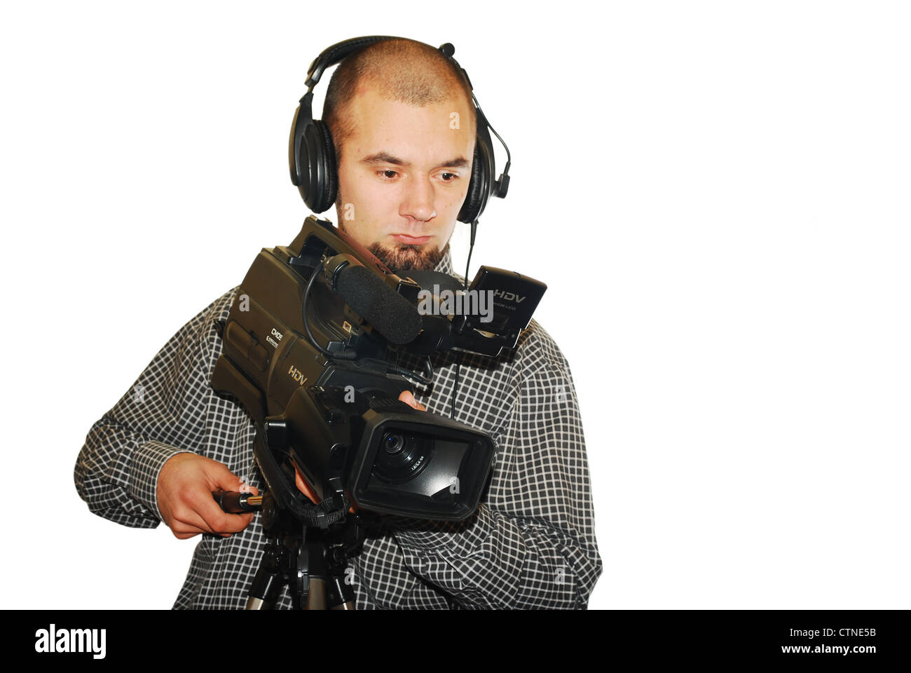 image with a television cameraman working with camera isolated Stock Photo
