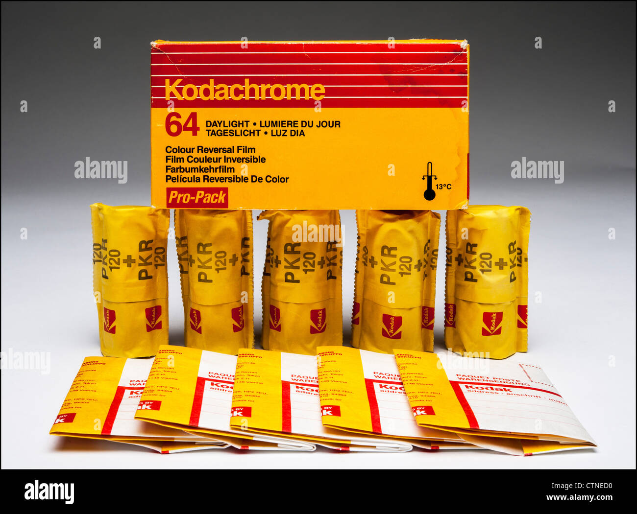Vintage Kodachrome photographic roll film 120 pro-pack with processing mailers Stock Photo