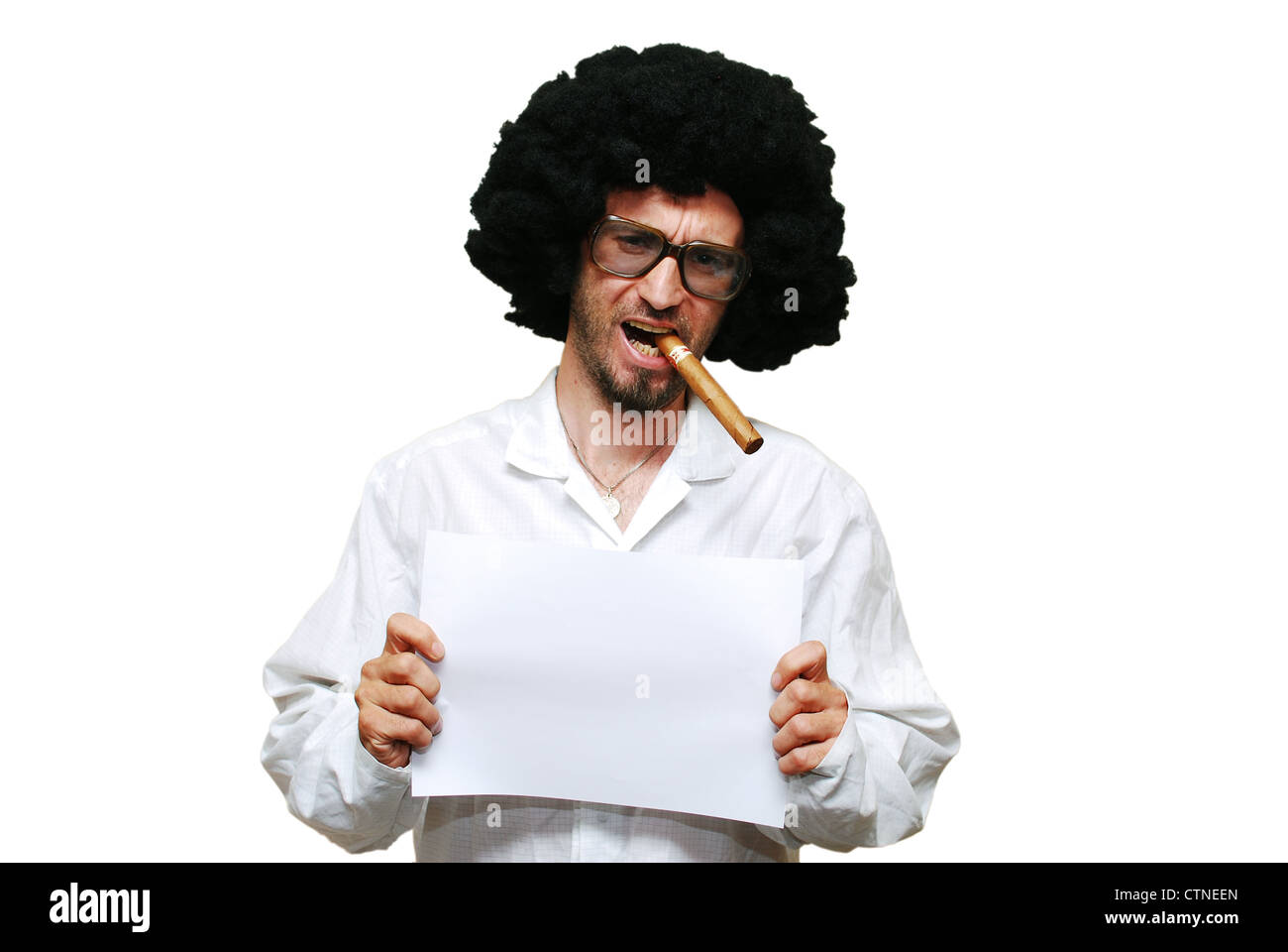 Mug shot of young scientist with cigar islated on white Stock Photo