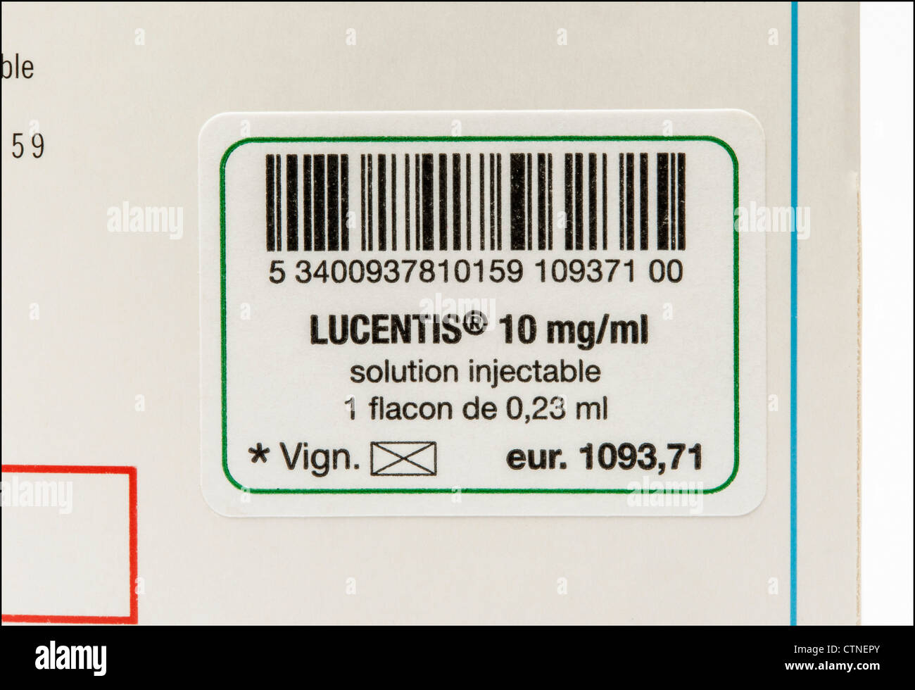 Price tab of Lucentis Ranibizumab used for eye AMD age-related macular degeneration treatment Stock Photo