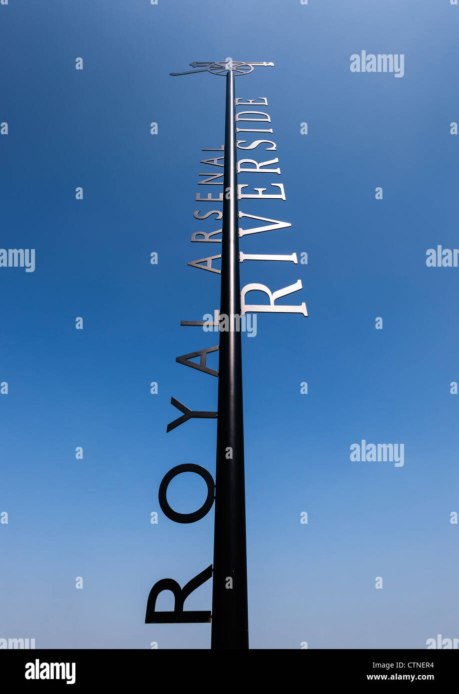 Signpost for the Royal Arsenal Riverside complex in Woolwich Arsenal, Greenwich, London, England, United Kingdom. Stock Photo