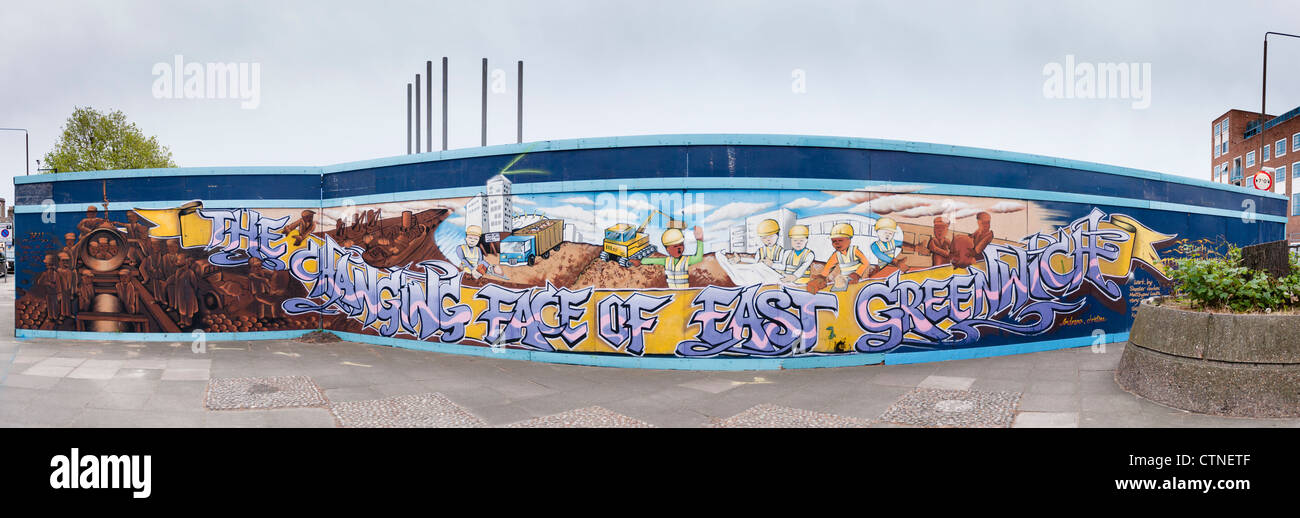 The New Face Of East Greenwich, painted on construction boarding in Greenwich, London. Stock Photo