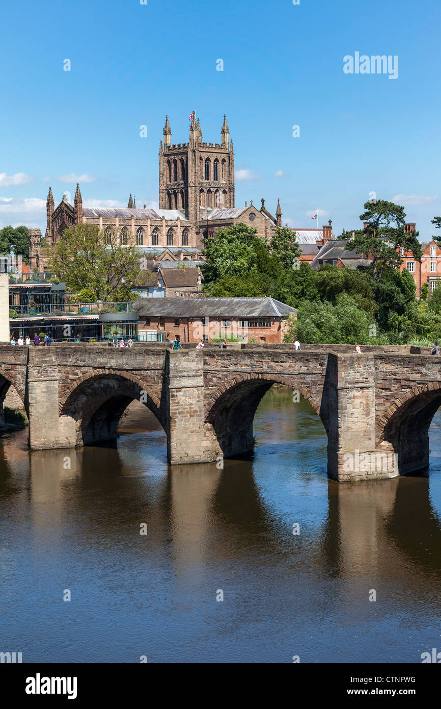 Bridge over River Wye in Hereford with Hereford Cathedral in background on sunny summer day. Stock Photo