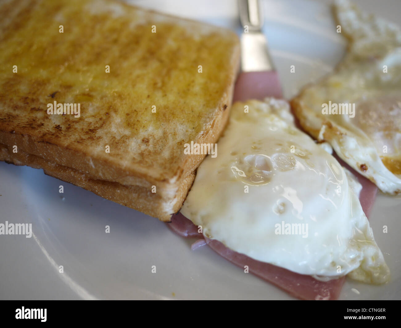 two fried eggs toast ham breakfast Stock Photo Alamy