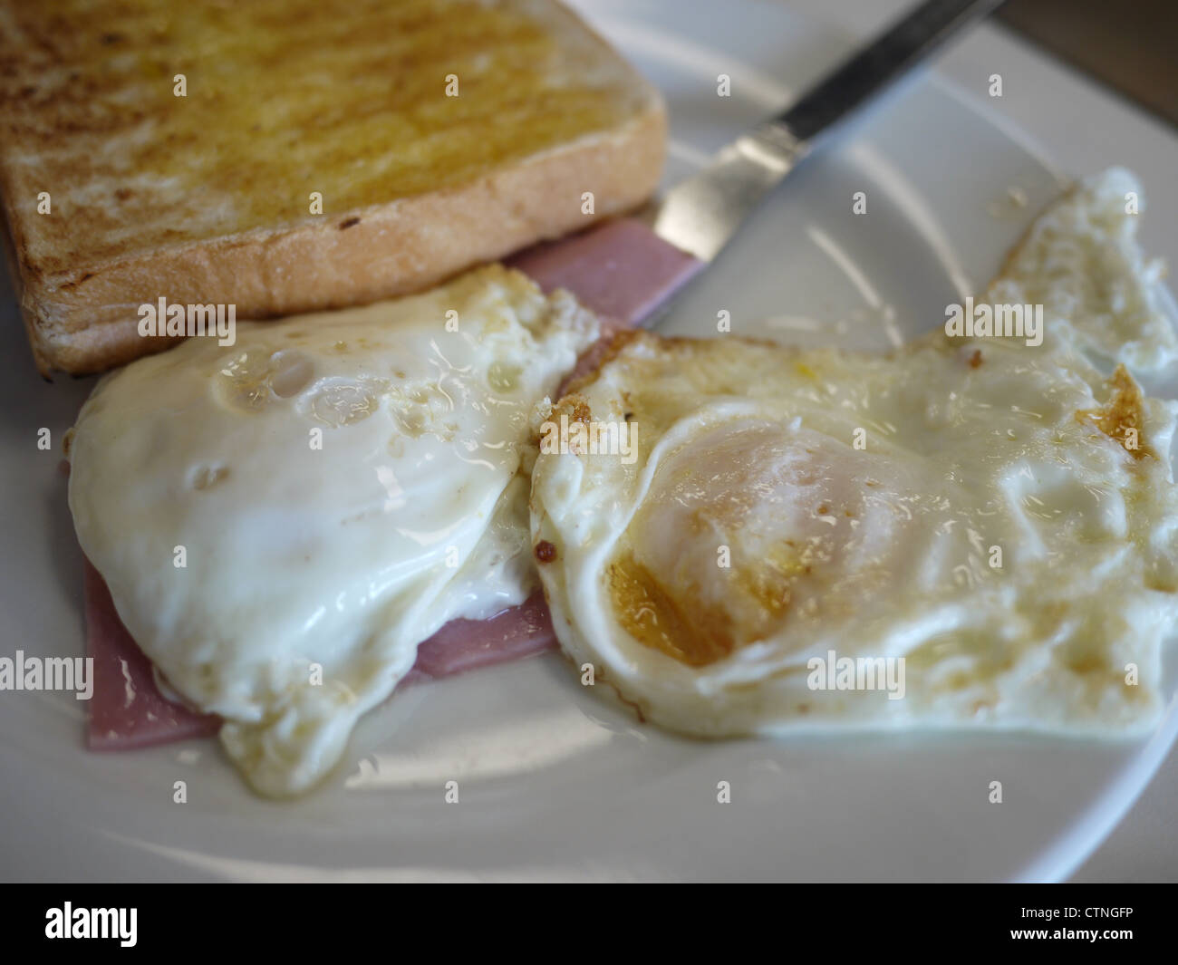 two eggs toast ham breakfast plate Stock Photo Alamy