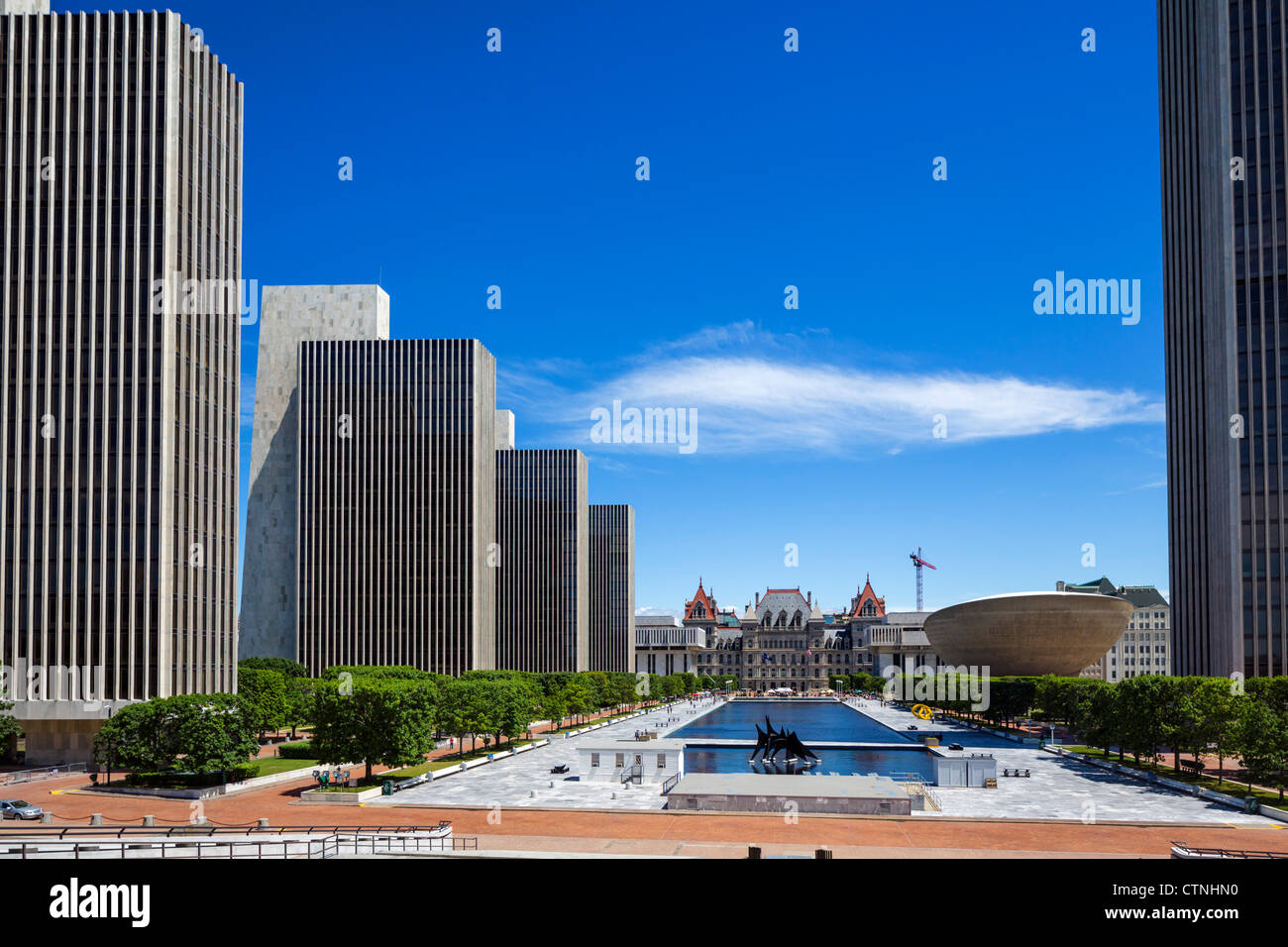The Nelson A Rockefeller Empire State Plaza looking towards State Capitol with 'The Egg' to right, Albany, New York State, USA Stock Photo