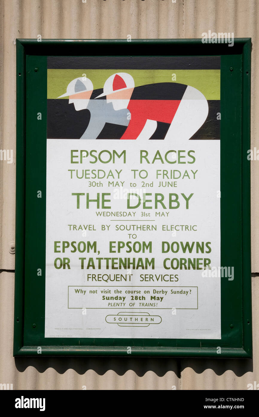Old Derby Horse Racing Poster, Epsom, Surrey on Watercress Line; Alton; Hampshire; England; UK Stock Photo
