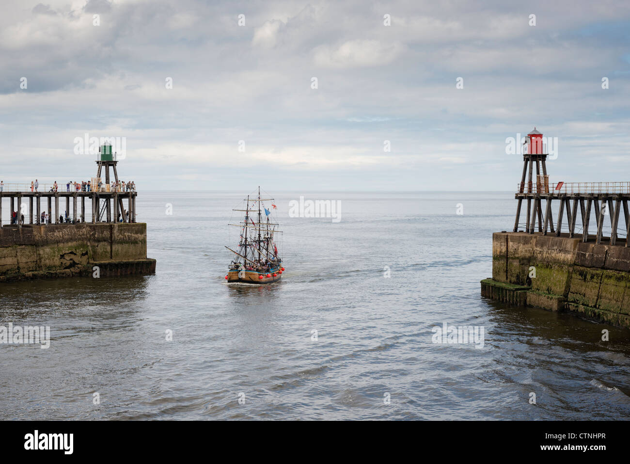 The bark Endeavour returning to Whitby in North Yorkshire Stock Photo ...