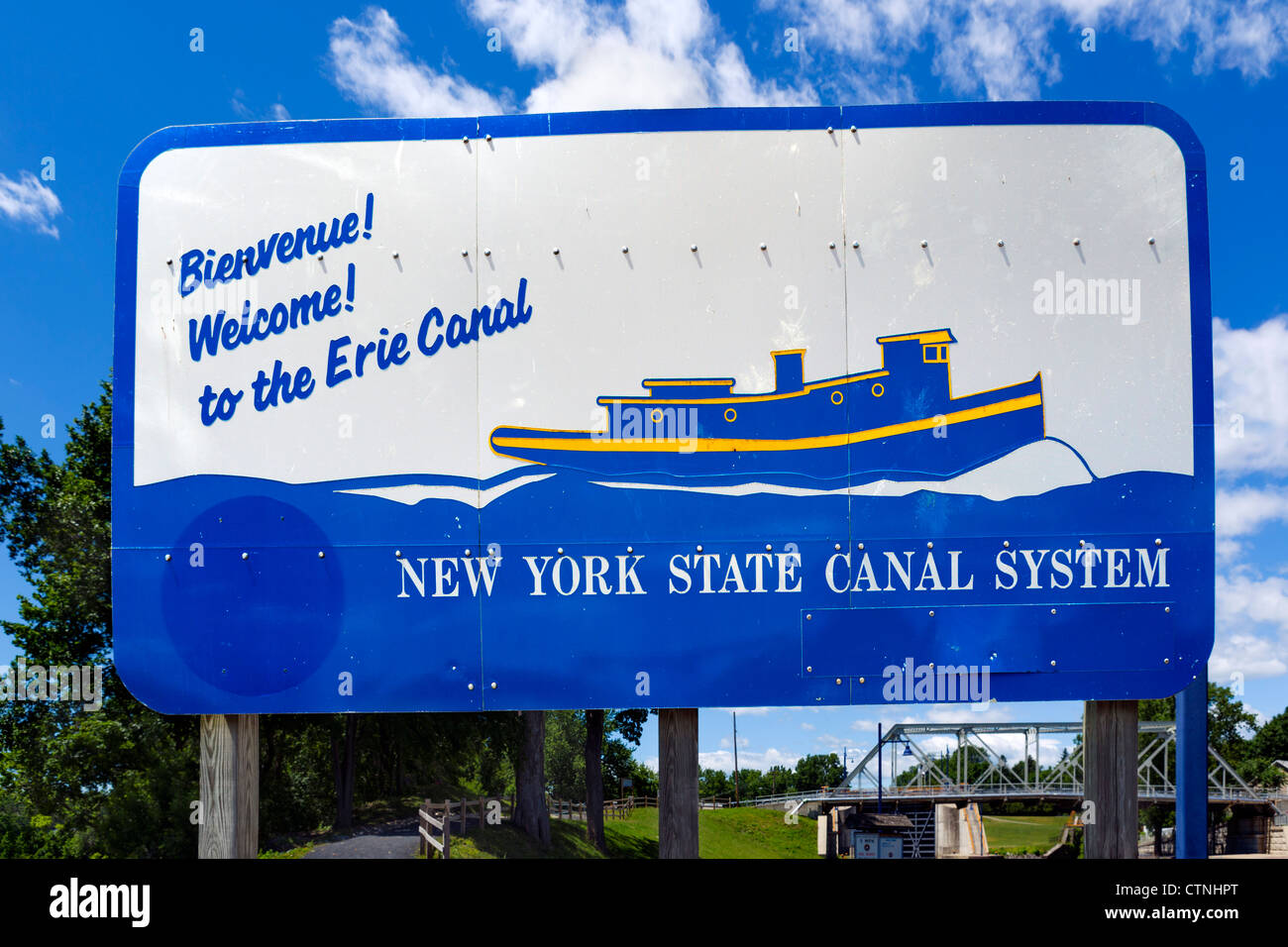 Sign at the beginning of the Erie Canal by Lock No 2, Waterford, near Albany, New York State, USA Stock Photo