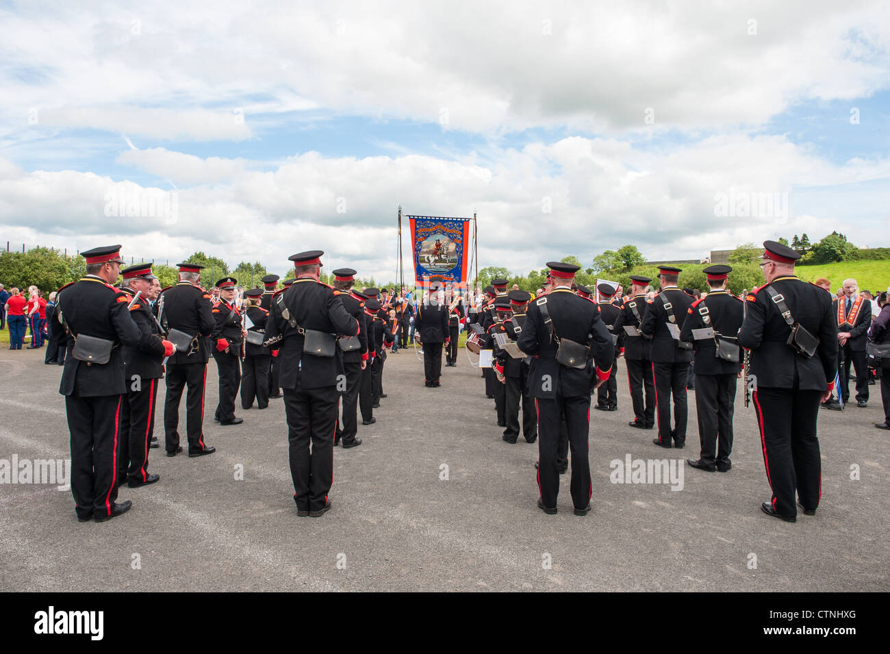 Ballygowan Flute Band arriving at the assembly field at Ballynahinch for the 12th July 2012 parade Stock Photo