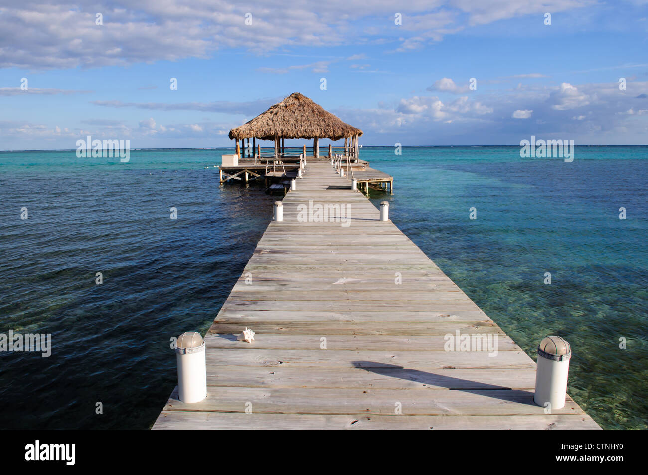 Beach Deck with Palapa floating in the water Stock Photo