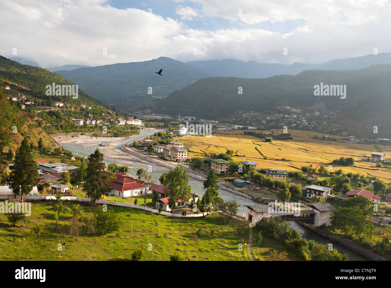 View of Paro Valley from Paro Dzong, Bhutan Stock Photo