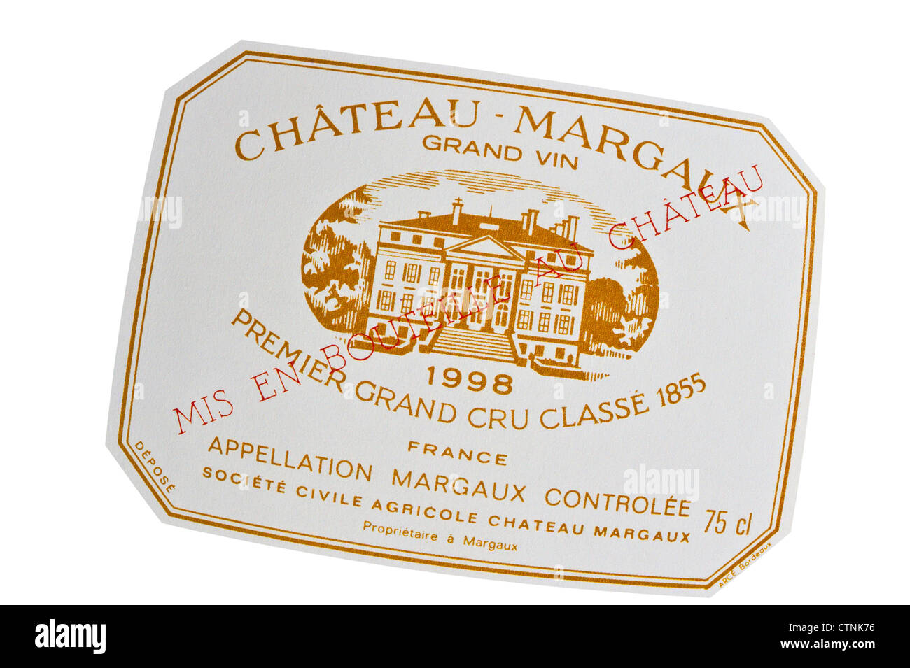 Wine bottle label Chateau Margaux premier grand cru classe red wine 1998 Gironde Bordeaux France Stock Photo