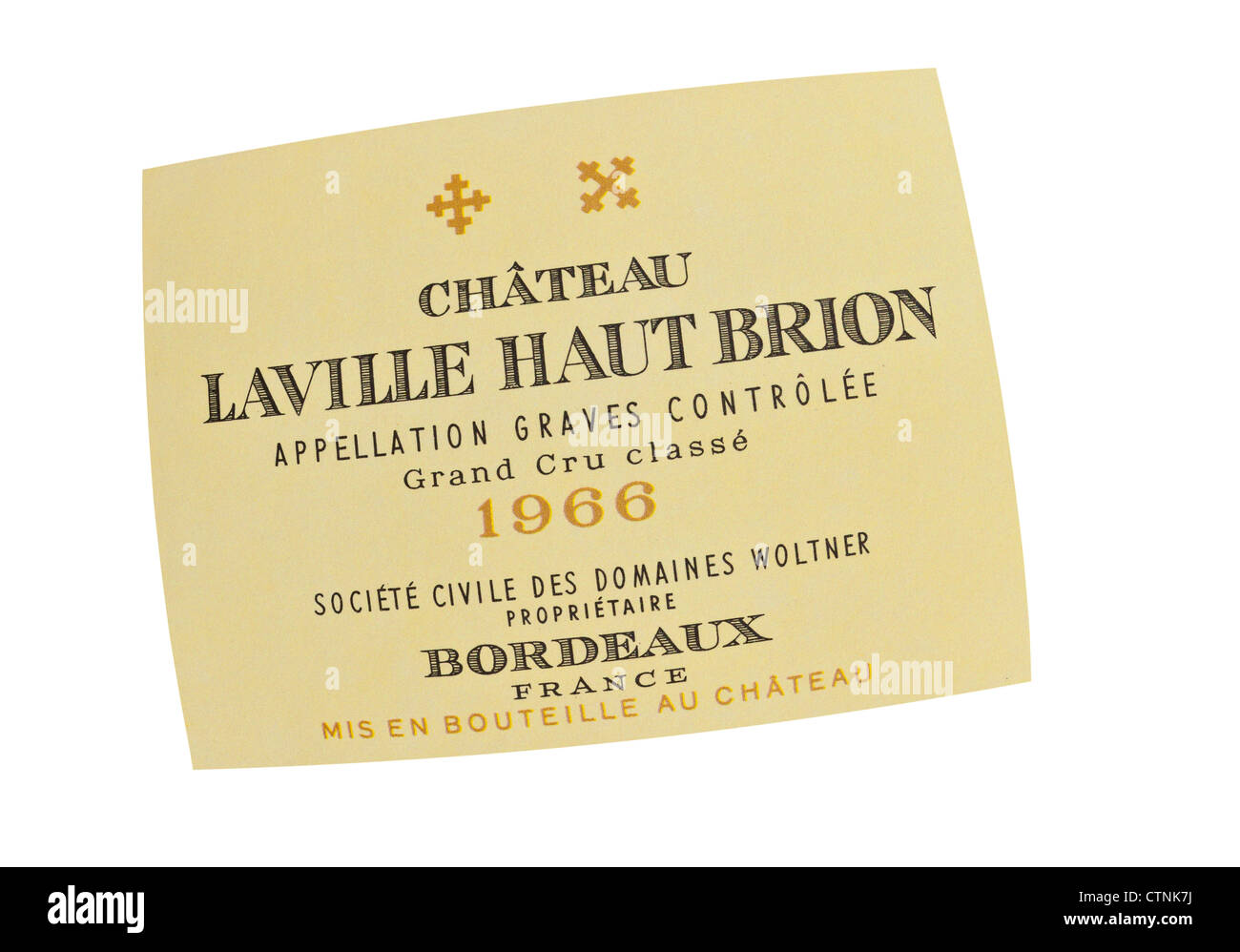 Label of 1966 Chateau Laville Haut Brion Grand Cru classe white wine Graves Bordeaux France Stock Photo