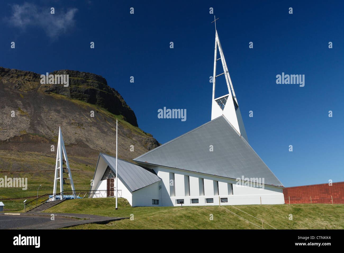 Modern church in the fishing town Ólafsvík is situated on the western end of the Snaefellsnes peninsula in Iceland. Stock Photo