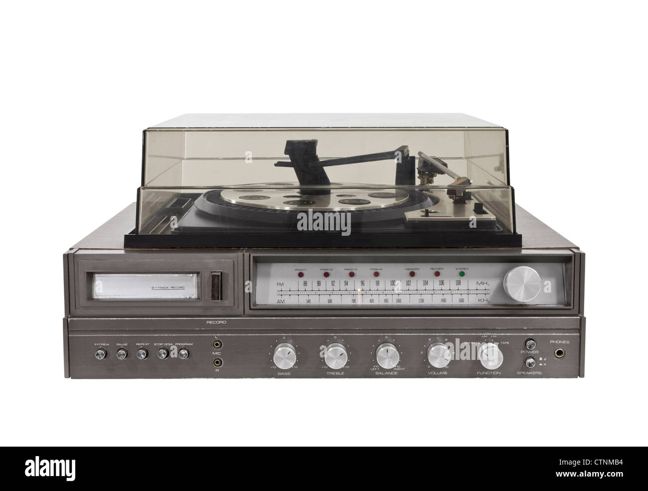 1970's vintage stereo with eight track, radio and turntable. Stock Photo