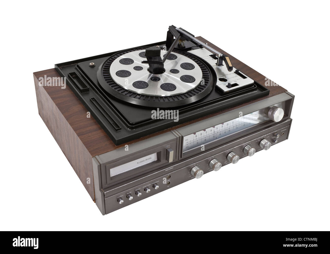 Vintage record player and eight track stereo isolated with clipping path. Stock Photo