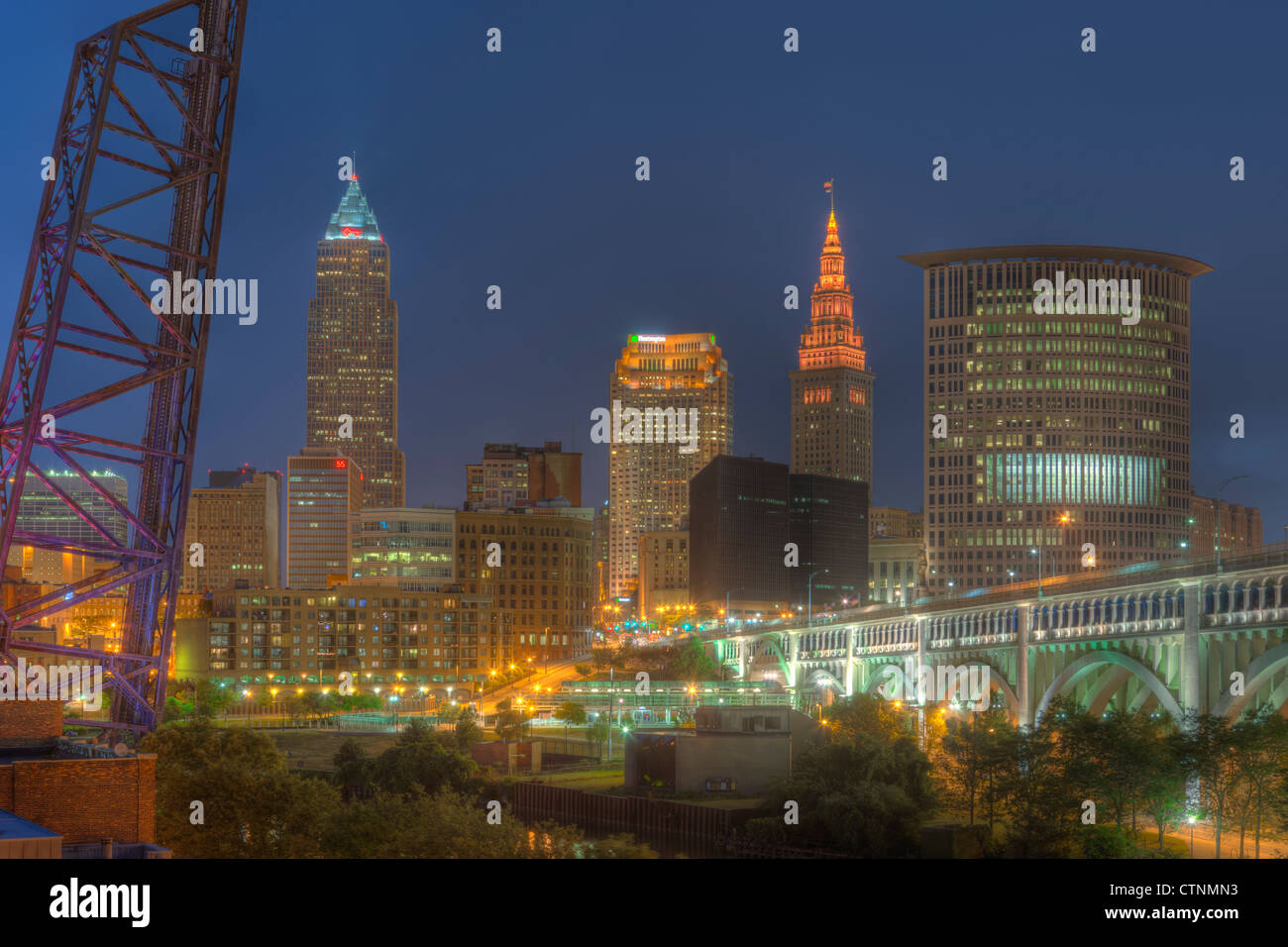 The skyline of Cleveland, Ohio at twilight as viewed from the Flats. Stock Photo