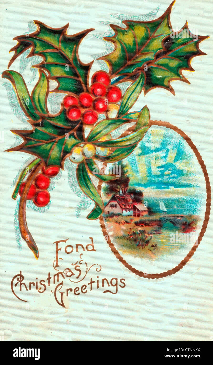 Fond Christmas Greetings - Vintage card Stock Photo