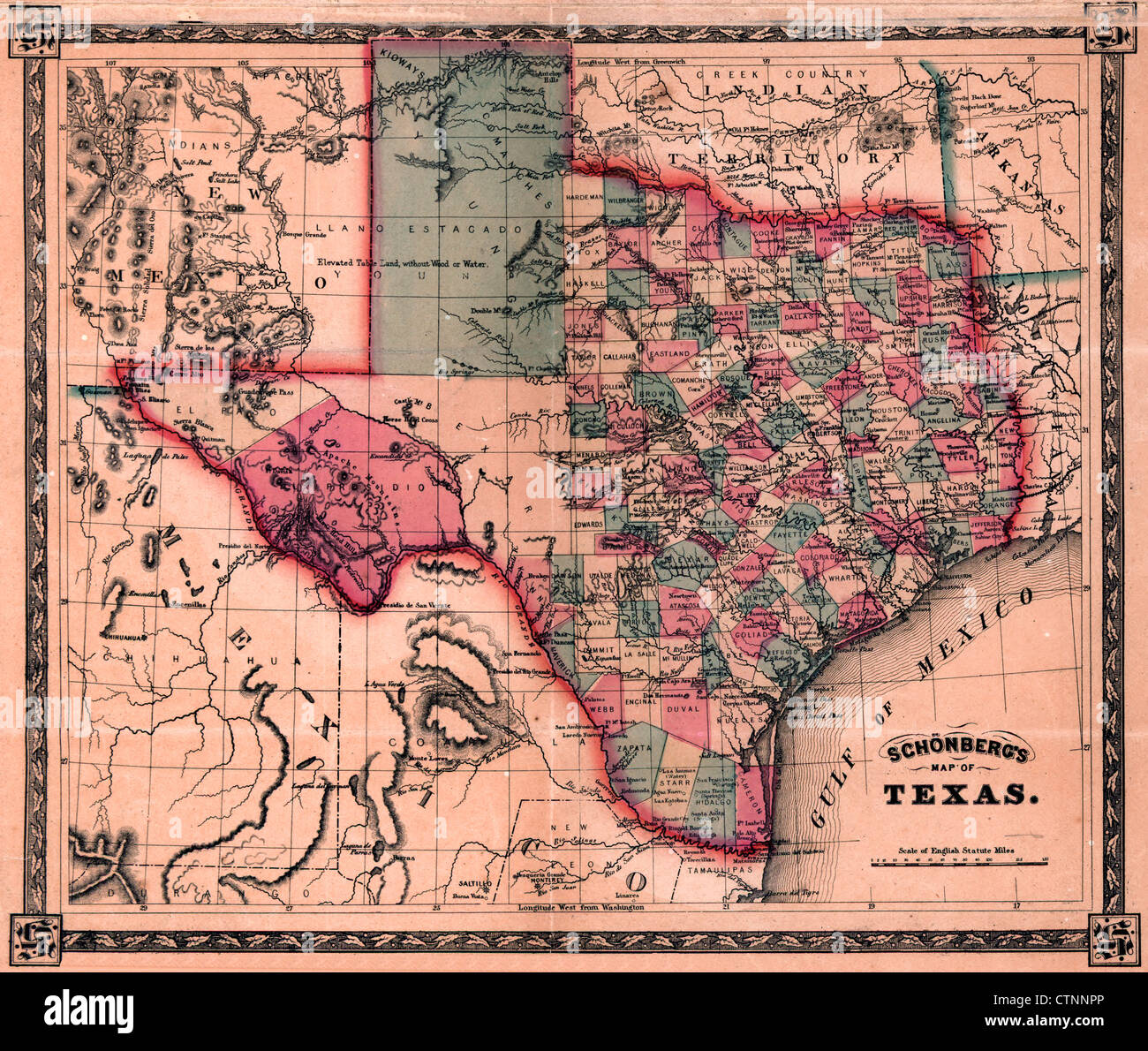 Schönberg's map of Texas, circa 1866 Stock Photo