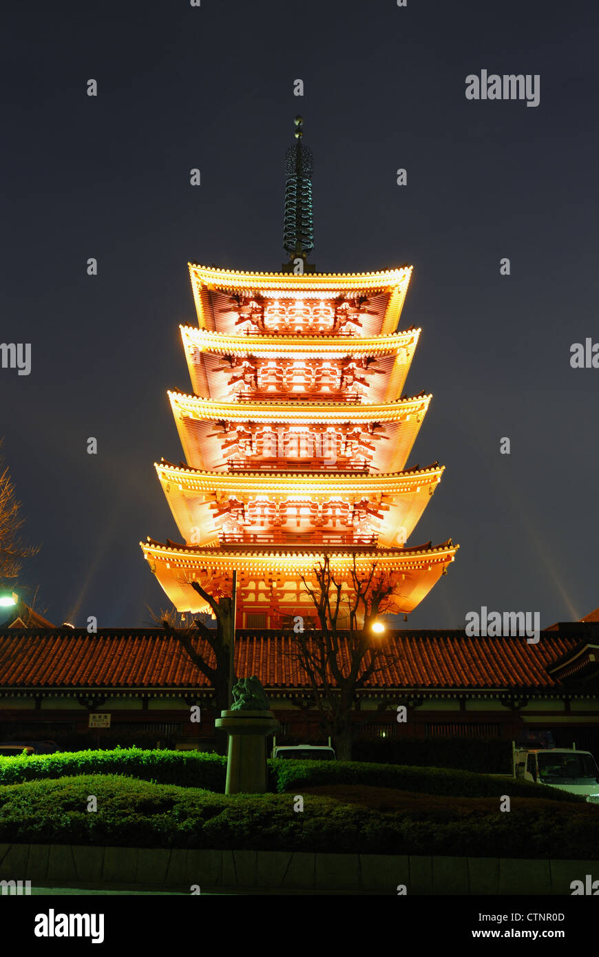famous landmark; five stores pagoda of Asakusa Temple with colorful light illumination, Tokyo, Japan Stock Photo